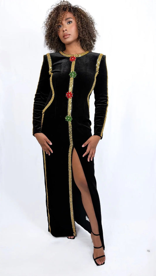 ROBE BEATRICE - Robe longue noire élégante à détails bijoux dorés Iralia