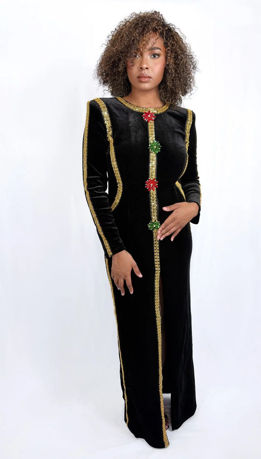 ROBE BEATRICE - Robe longue noire élégante à détails bijoux dorés Iralia