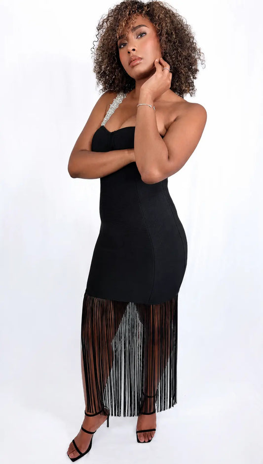ROBE VELORA - Robe de soirée noire à franges et strass Iralia