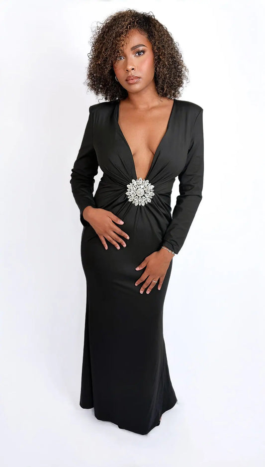 ROBE MELYRA - Robe longue noire glamour à décolleté plongeant et bijou strass Iralia
